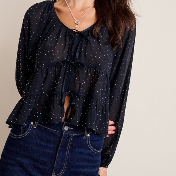 Francesca's Collections Tops - Francesca Womens Top Laurie Tie Front Tiered Blouse Polka Dot Beaded Sz Meduim